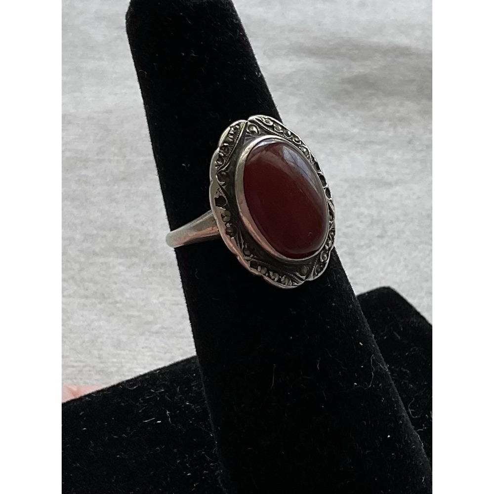 Vintage 925 sterling silver ring Size 5.75 oval carnelian cabochon stone Estate